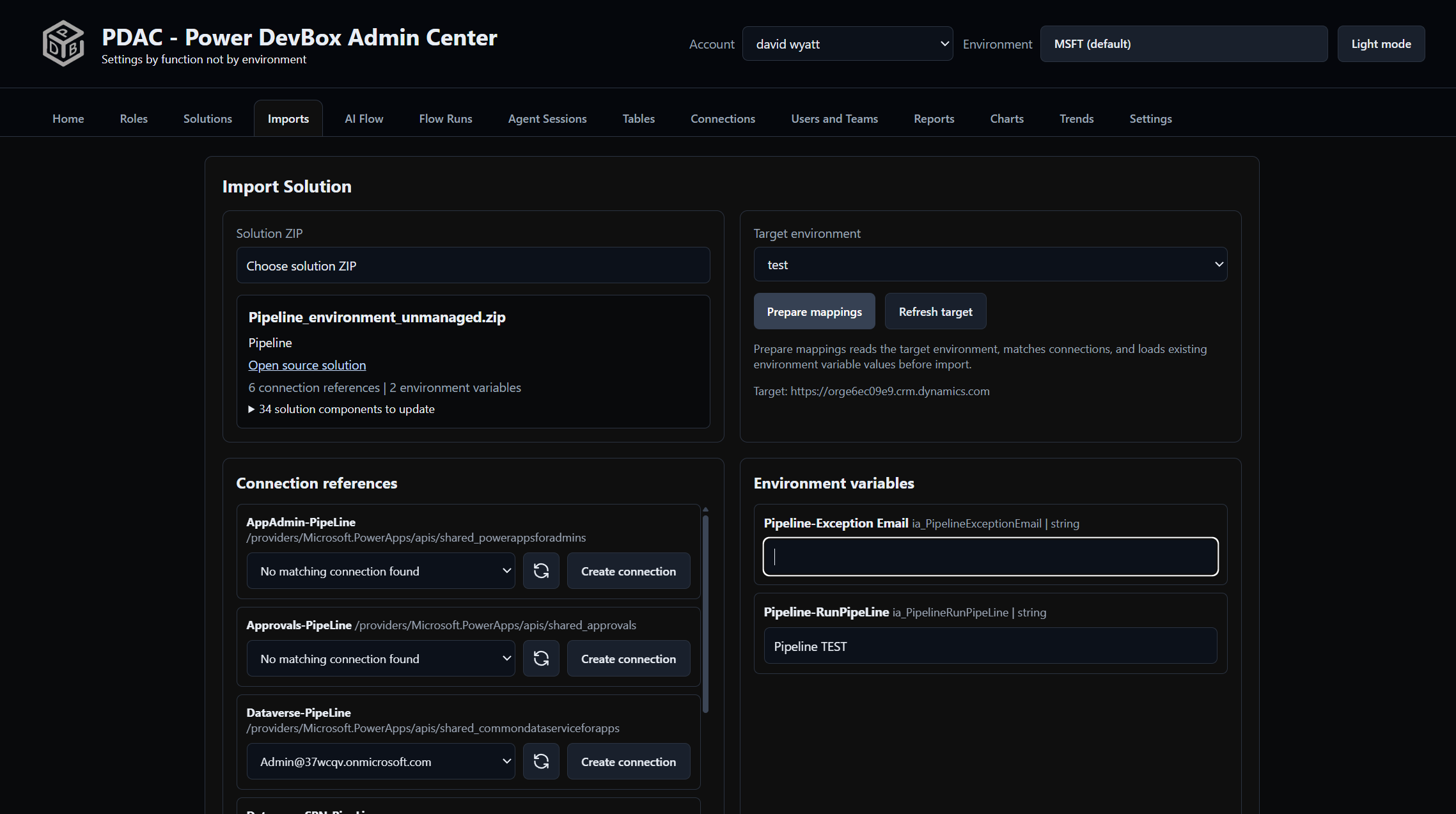PDAC solution import mapping workspace